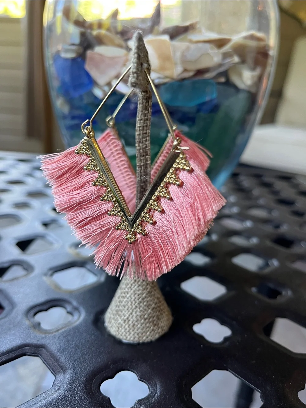 Pink Tassel Fringe Drop Earrings, pierced
